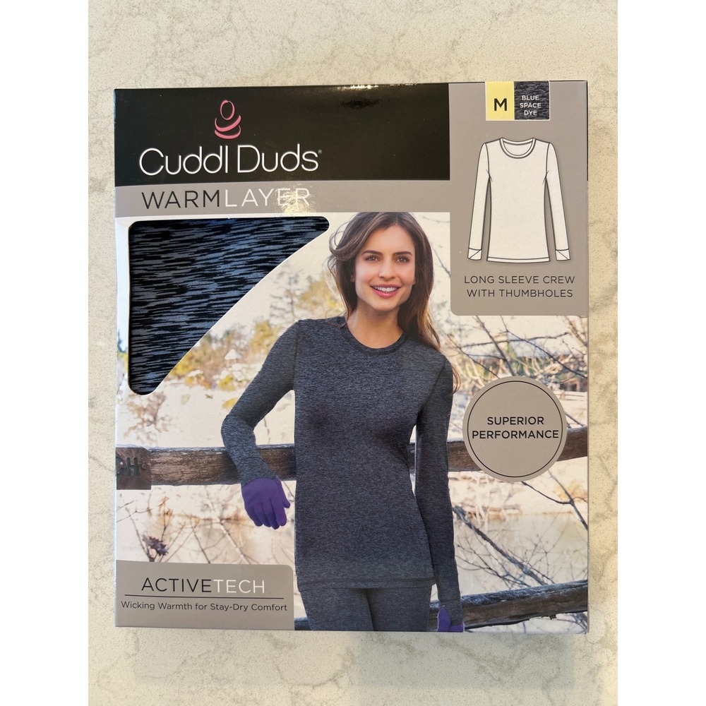 Cuddl Duds ActiveTech Top Womens M Blue Space Dye NEW Long Sleeve Thumbholes